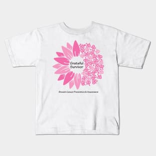 Breast cancer survivor with flower, hearts, ribbons & black type Kids T-Shirt